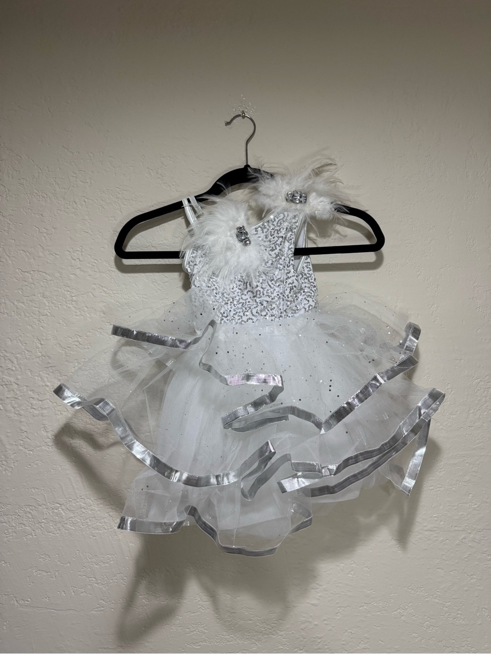White Sequined Feather Trim Dress
